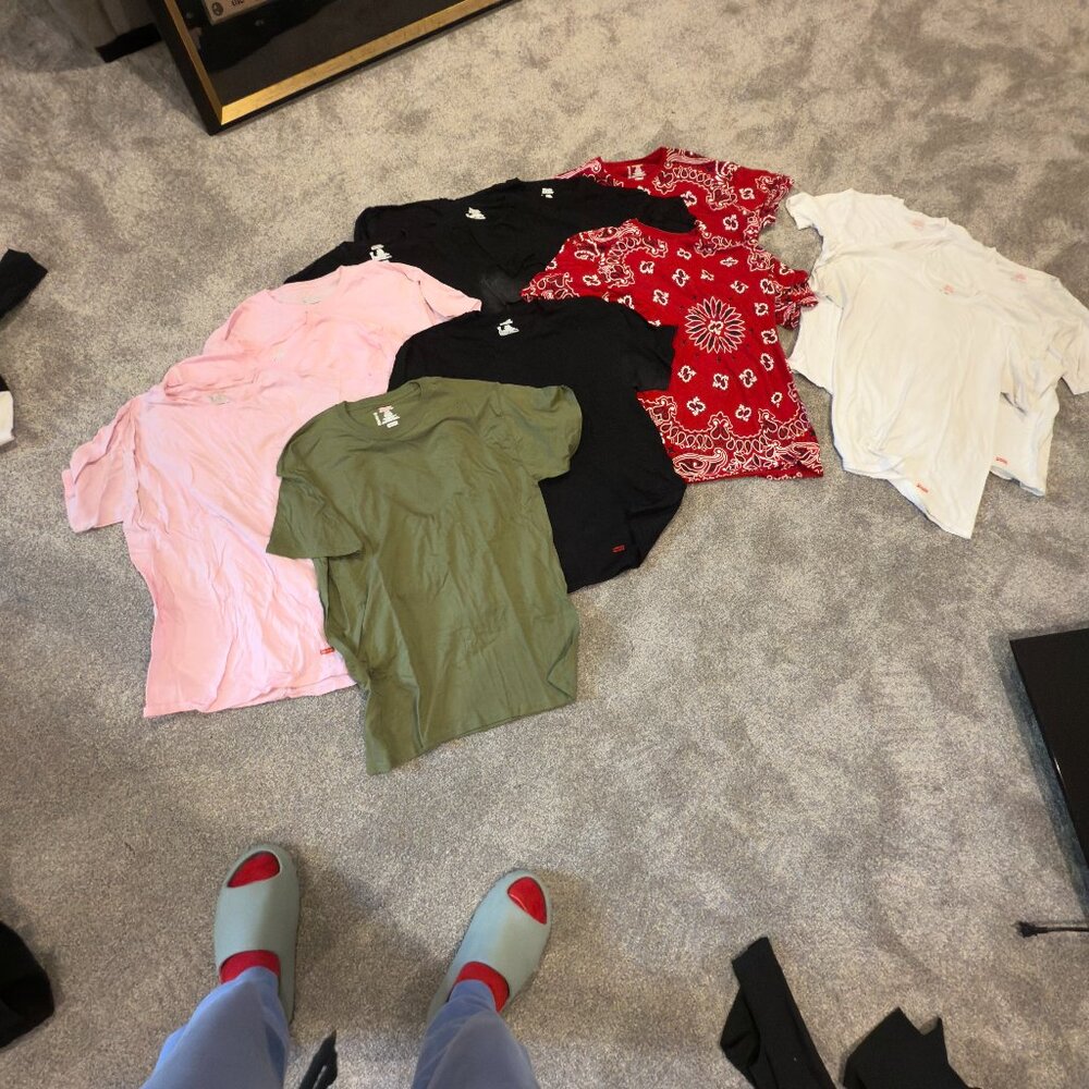 LOT OF 14 SUPREME TAGLESS HANES T-SHIRTS. L, XL, M, S. RED, PINK, WHITE, BLACK